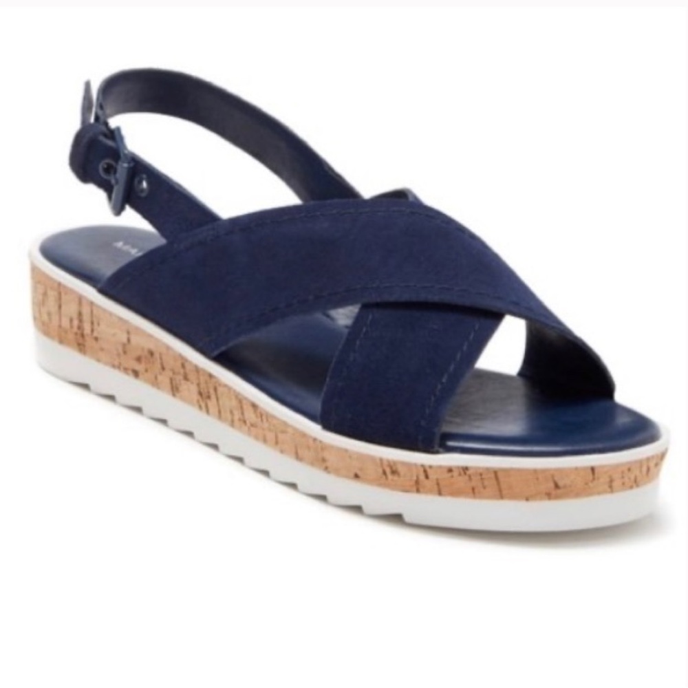 New Marc Fisher Glitze Navy Blue Suede Cork/White Platform Sandals Women’s 7.5M